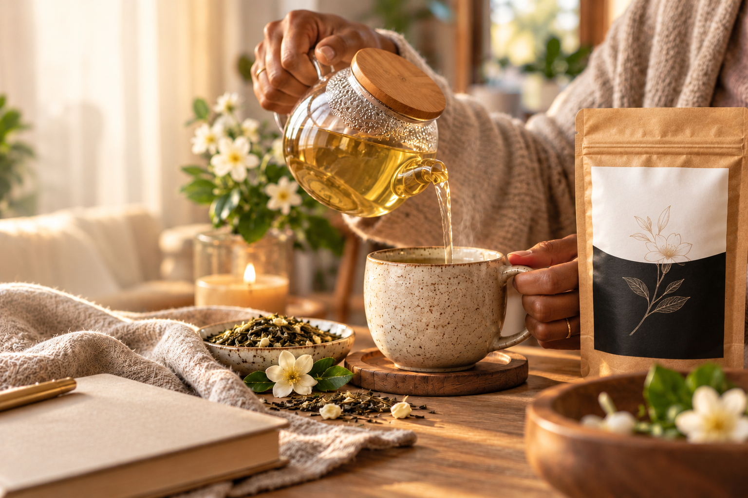 Hands pouring jasmine tea into a speckled ceramic cup beside a HELD tea pouch