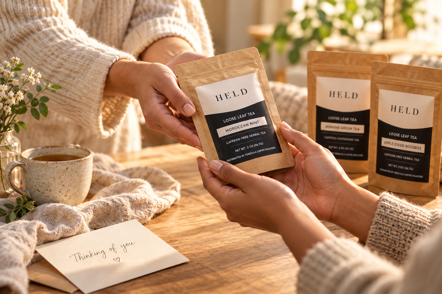 One person handing a HELD tea pouch to another across a sunlit wooden table